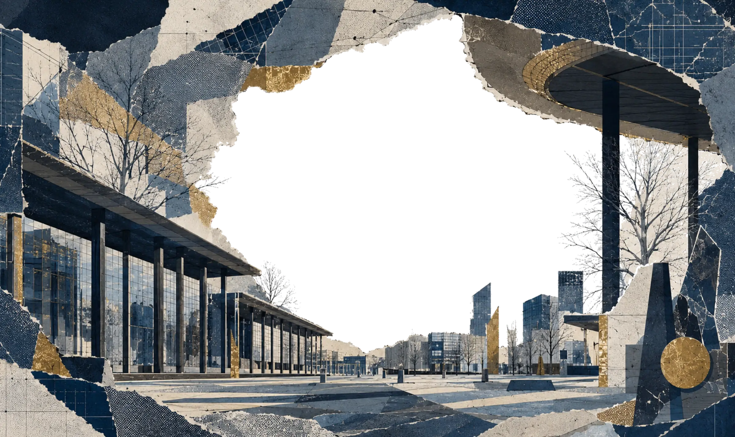 Torn-paper collage of Milton Keynes architecture framing an open view